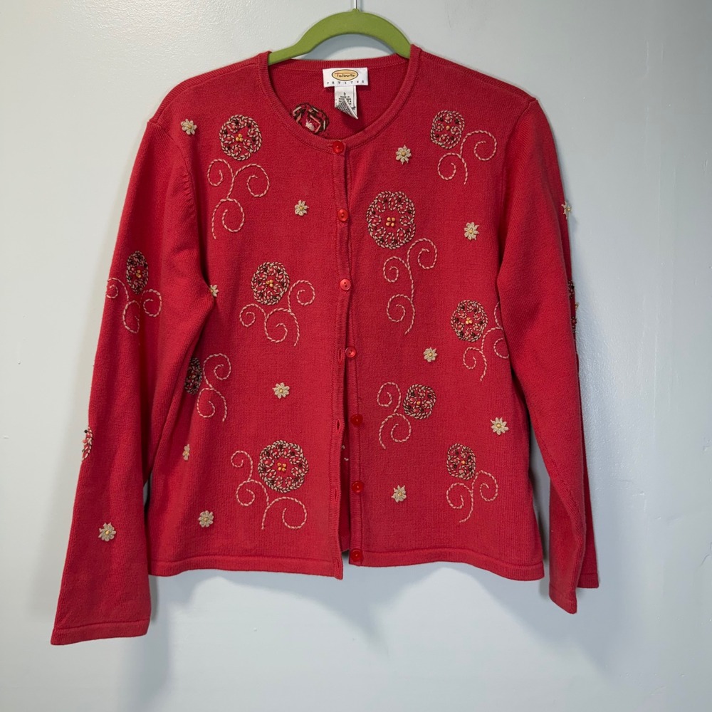 VTG Talbots Petites Coral Floral Embroidered Beaded Cotton Cardigan Sweater L